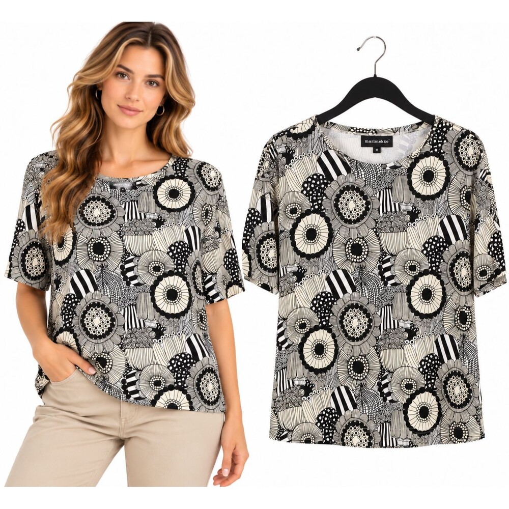 UNIQLO x Marimekko TShirt Top M Art To Wear Black White Floral Graphic